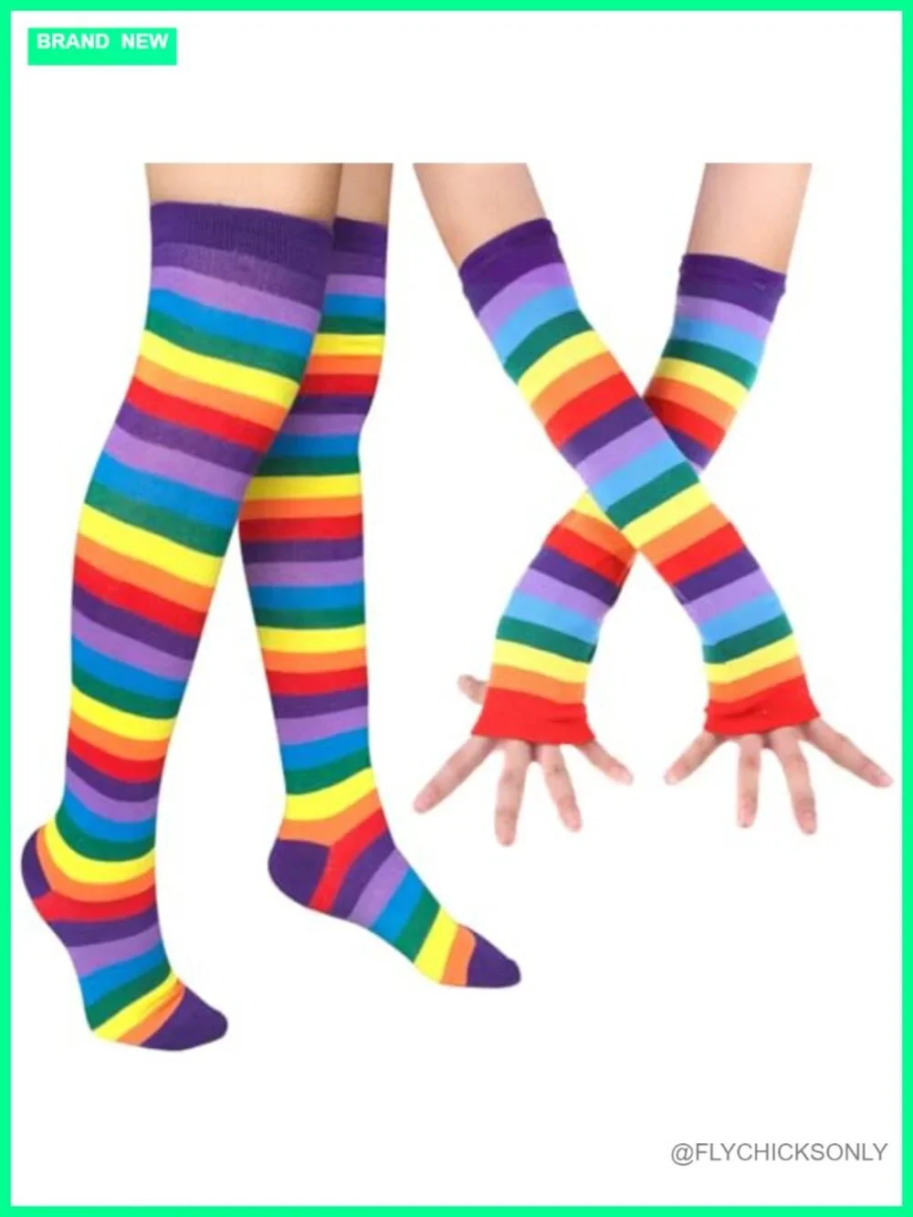 Rainbow Knee High Socks & Arm Warmer Gloves Set Soft Breathable Striped for